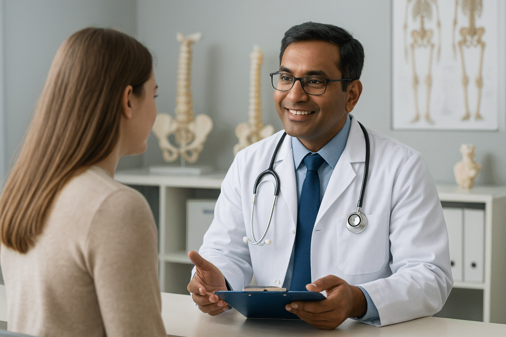 Orthopedic surgeon Dr Pereddy consulting a patient at Dr Pereddy Ortho Clinic, Jubilee Hills, Hyderabad.