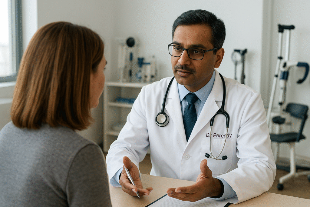 A professional image of Dr Pereddy consulting a patient in a modern clinic, with orthopedic equipment visible in the background.