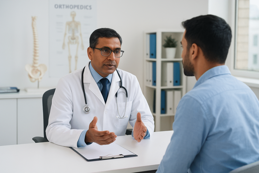 Dr Pereddy, experienced orthopedic specialist in Hyderabad consulting a patient at Dr Pereddy Ortho Clinic.