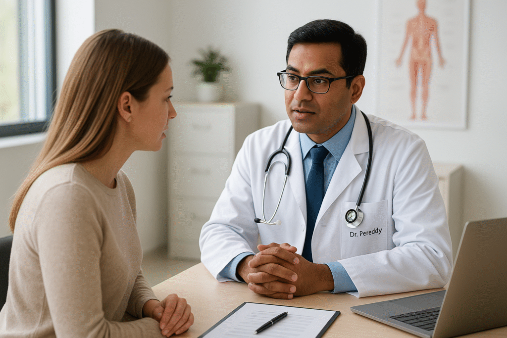 Best orthopedic doctor in Hyderabad consulting with a patient at Dr Pereddy Ortho Clinic.