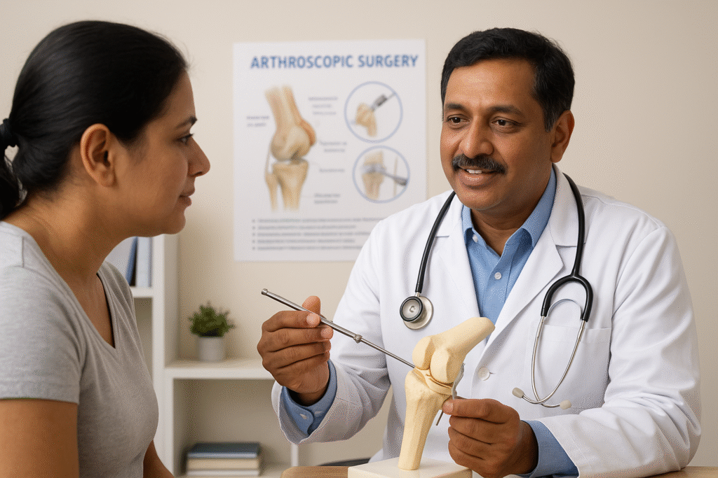Dr Pereddy explaining arthroscopic surgery to a patient at Ortho Clinic Hyderabad.