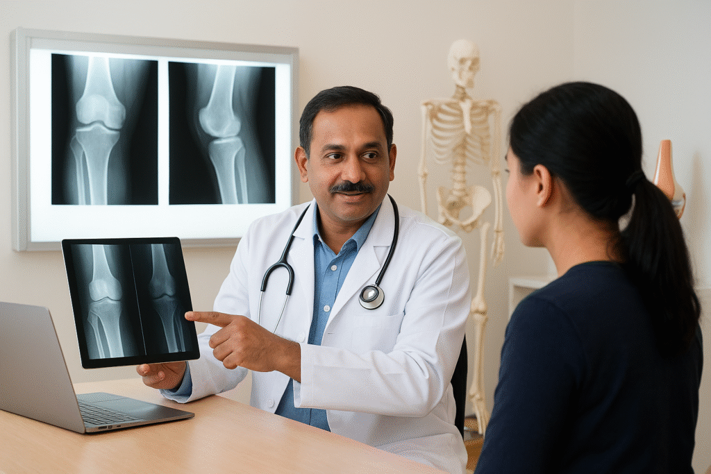 Bone specialist in Hyderabad Dr Pereddy consulting patient at Jubilee Hills clinic